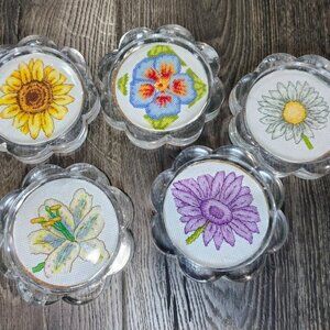 Vintage Acrylic Coasters Floral Cross Stitch Set of 5 Handmade Floral Decor